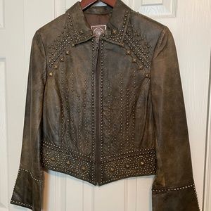 Leather Brass Studded Motorcycle Jacket with Flared Cuffs / Size 6